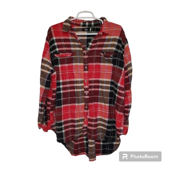 BDG Plaid Flannel Button Down Shirt Large Hi Low Hem Oversized Grunge - Picture 1 of 6